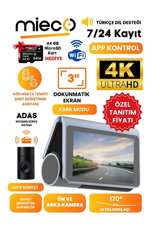 Mieco X8 Wifi /4K UHD/ 170° Ultra Geniş Açı/ ADAS/ Ön + Arka Araç Kamerası + Hafıza Kartı Hediyeli